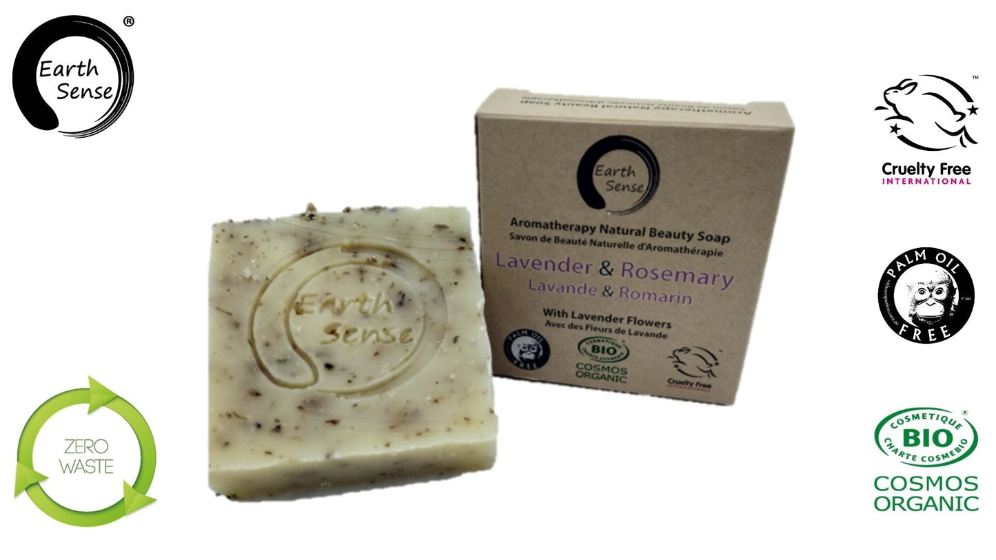 Organic Certified Solid Soap - Lavender & Rosemary with Lavender flowers 90g